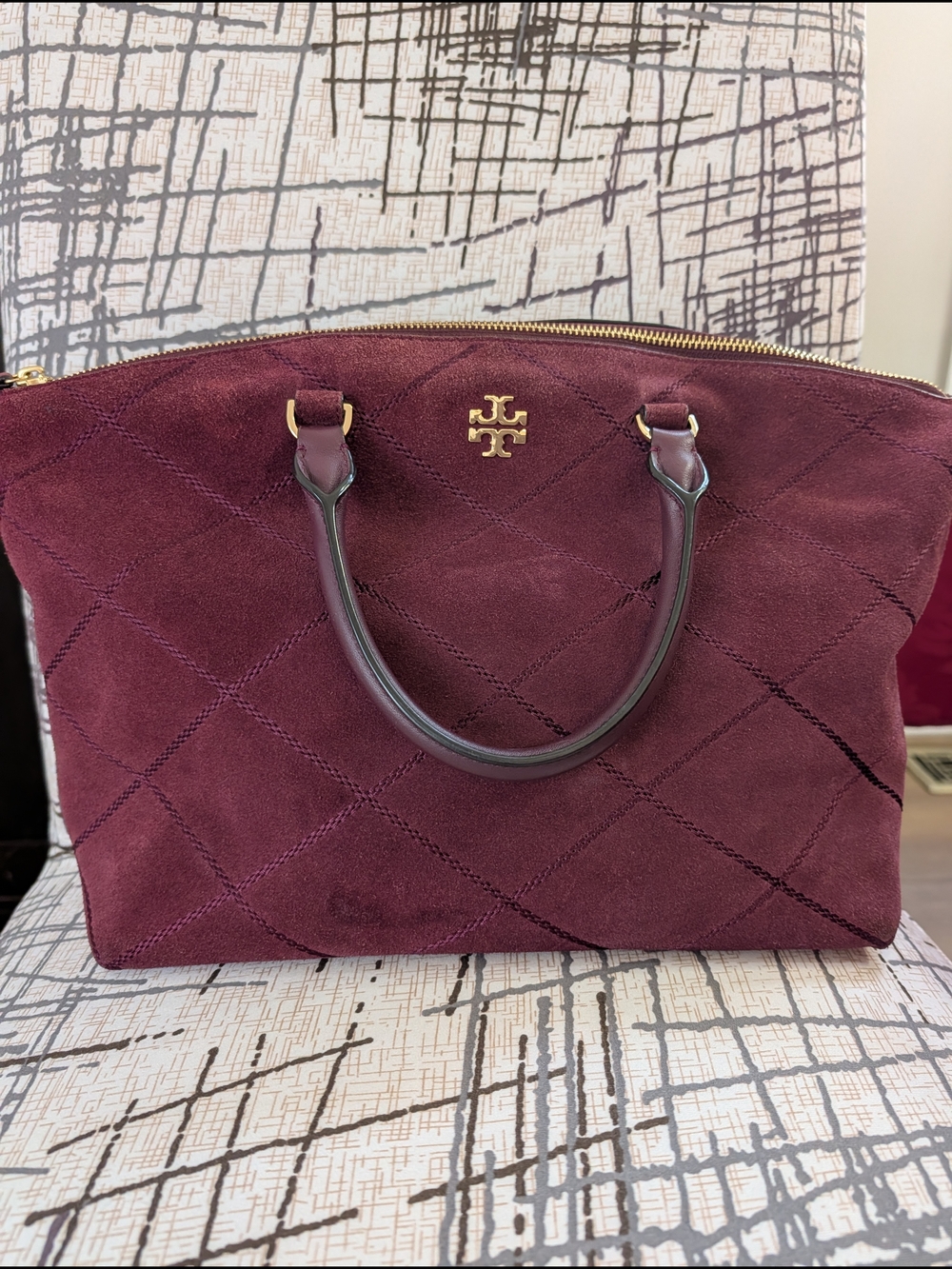 Tory Burch Burgundy Quilted Suede Tote with Gold Logo